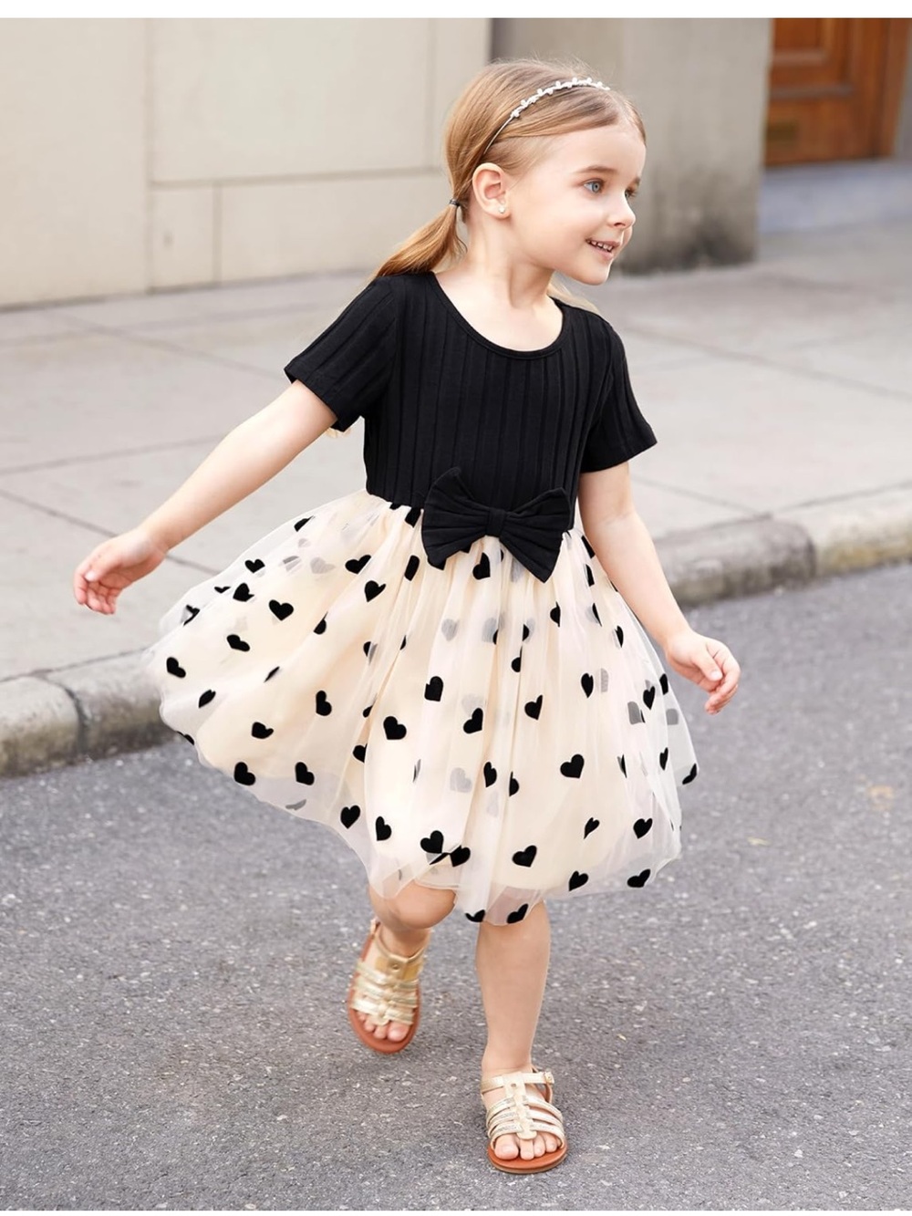 Mommy & Me Matching Girls Black & Cream Heart Tulle Dress with Bow